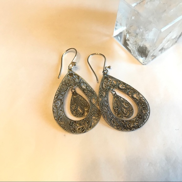 Sterling Silver Fillagree Teardrop Dangle Earrings - Picture 2 of 4